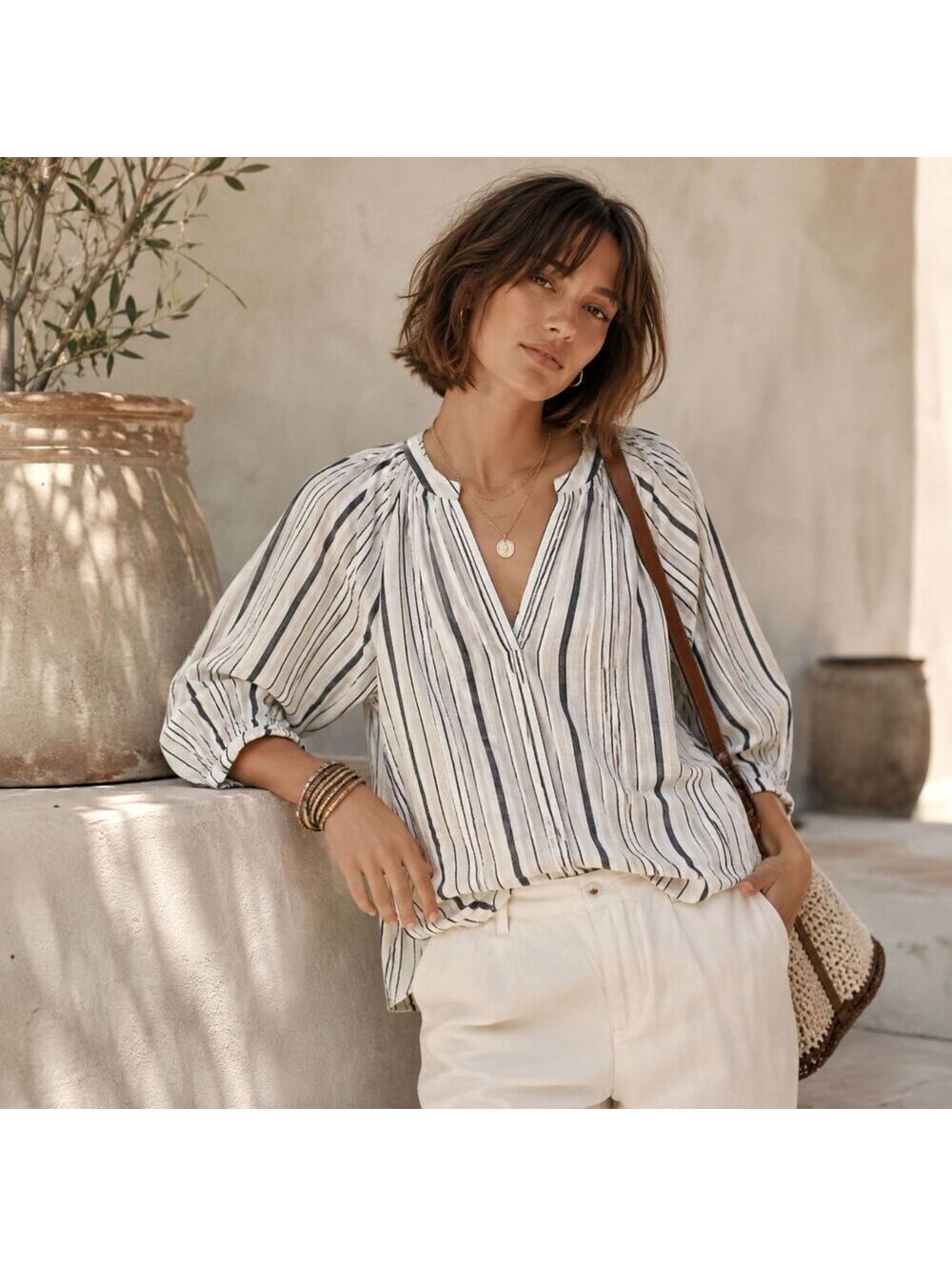 Evereve Popover Top Striped Women's XL 100% Cotton Effortless Chic Neutral